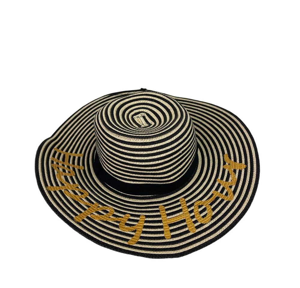 August Hat Company Black Tan Striped "Happy Hour" Floppy Sun Hat One Size